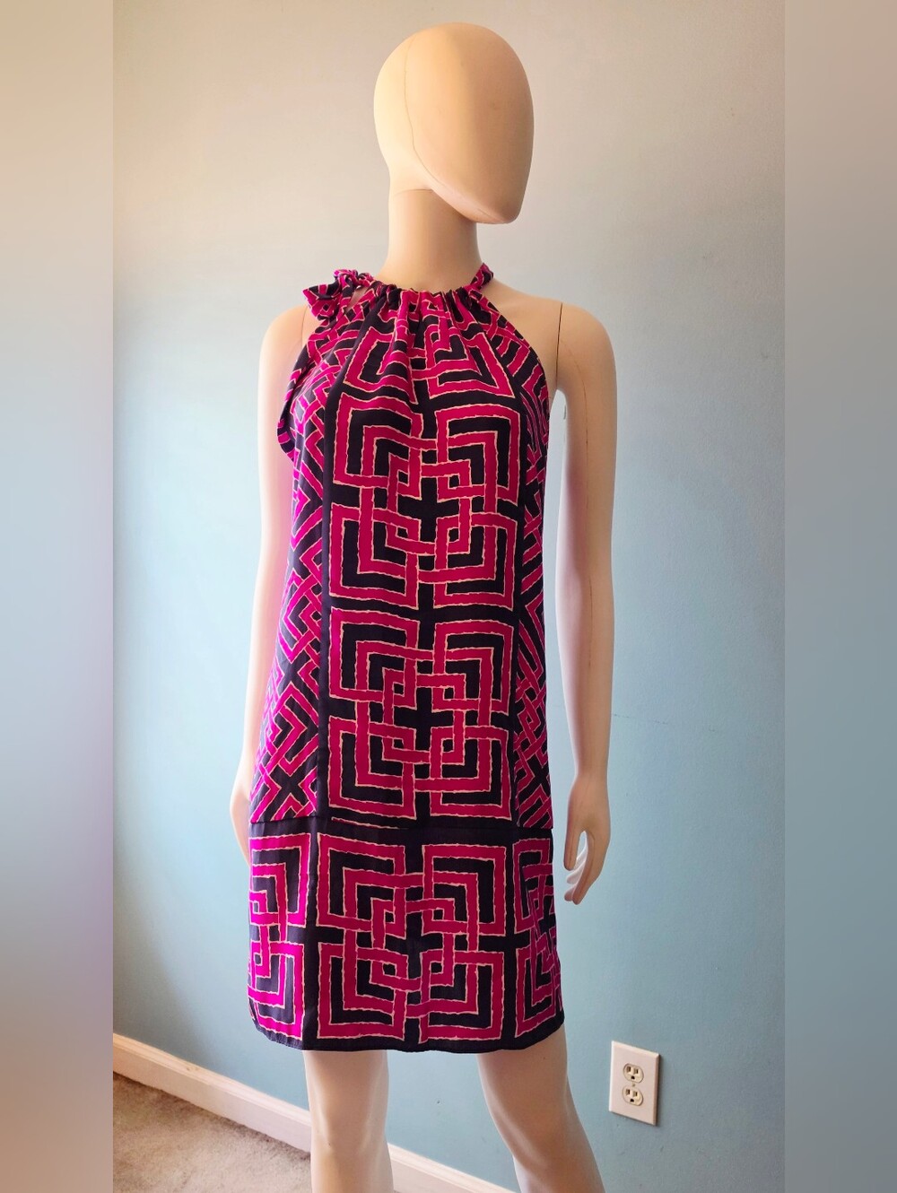 Alice & Trixie Silk Hot Pink and Navy Blue Geometric Halter Mini Dress